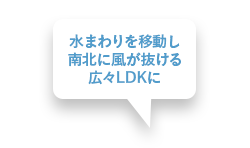 水まわりを移動し、南北に風が抜ける広々LDKに